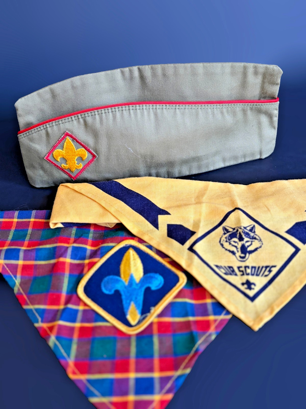 Cub Scouts Uniform Hat Neckerchief Lot Plaid Yellow Wolf Patch Vintage